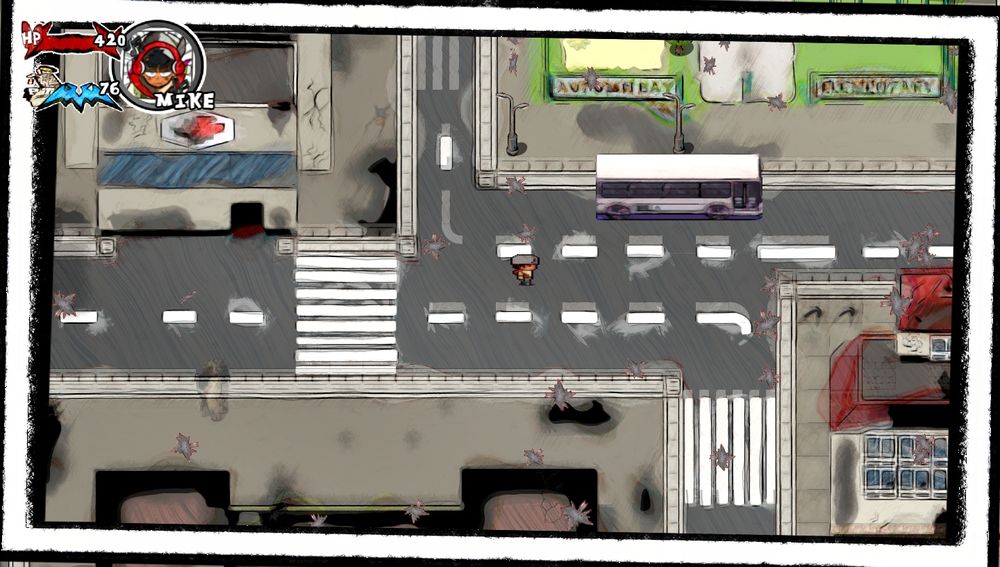 Mike stands near a bus in front of the Elementary School. This particular boss takes you to the High School.