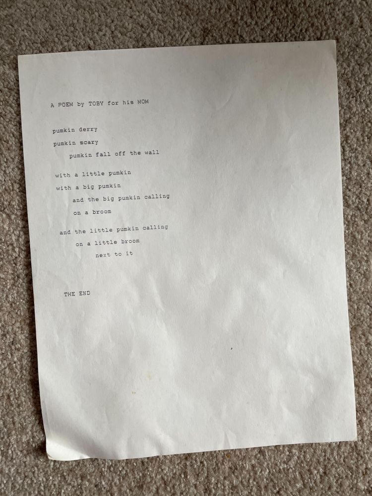 A POEM by TOBY for his MOM

pumkin derry
pumkin scary
       pumkin fall off the wall

with a little pumkin
with a big pumkin
    and the big pumkin calling
    on a broom

and the little pumkin calling
    on a little broom
          next to it


THE END