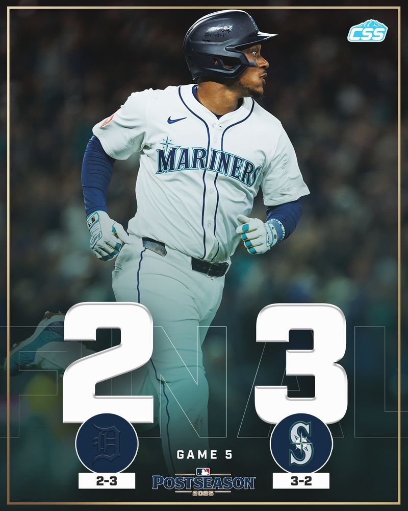 Jorge Polanco in his home white Seattle Mariners uniform runs on a dark background. Text shows Mariners 3, opponent 2 in Game 5, with a postseason logo below.