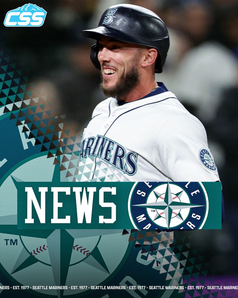 A smiling baseball player in a Seattle Mariners uniform and helmet is featured. The Mariners' logo and "News" text overlay the image, conveying excitement.