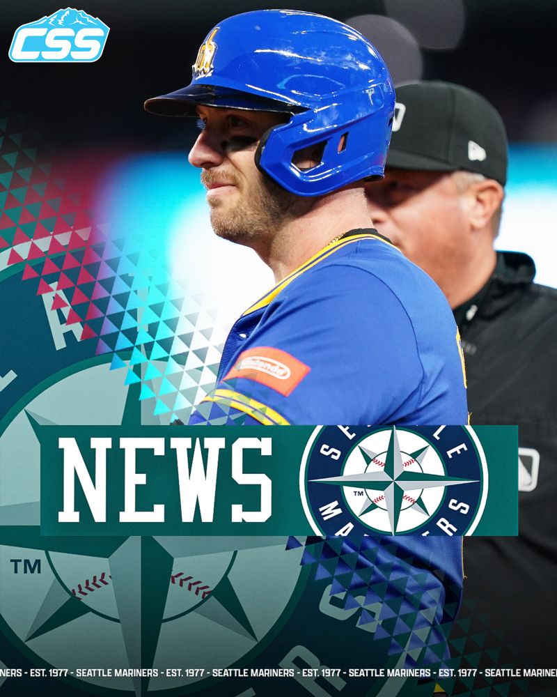 Mitch Garver in his City Connect Seattle Mariners uniform side view, with Mariners logo. Bold "News" text overlays. The scene is dynamic and professional.