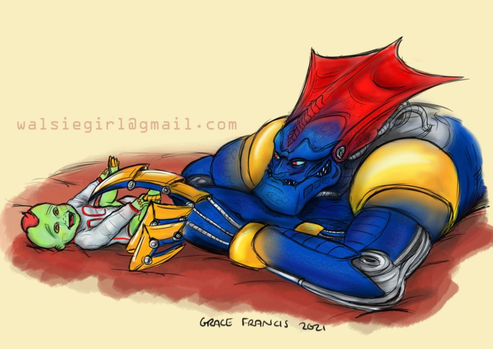Sketch of Trojan Megabyte from ReBoot laying down next to a baby. He is tickling the baby with his claw and smiling at the child. The baby has green skin, red hair, viral eyes, and is laughing, wearing a 00 onesie.