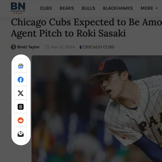 Tight crop of a Bleacher Nation article page spotlighting a collection of logos linking to their social accounts