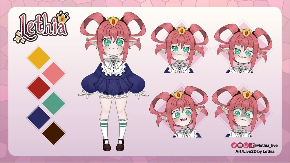A character reference sheet showing the full body and several faces of a pink-haired, teal-eyed demon girl. She wears a small crown with a large red jewel on her head. She also wears a dark blue long top with a white frock and large white bow on the front. The facial expressions to the right show sadness/pouting, a big smile, a surprised face, and a fearful shadowed expression.