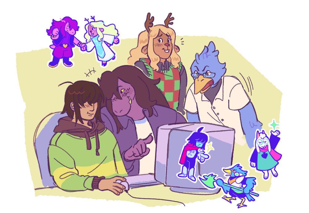 a digital drawing of kris, susie, noelle, and berdly. kris and susie are using a library computer, and susie leans in close to kris to point at something on the screen. they're both visibly holding in laughter and noelle is standing behind them, looking at susie with the same expression. berdly is next to them, leaning over to see their screen and looking scandalized. around them are neon-colored chibi drawings of them and ralsei in their dark world outfits; susie and noelle are holding hands, and kris, berdly, and ralsei pose.