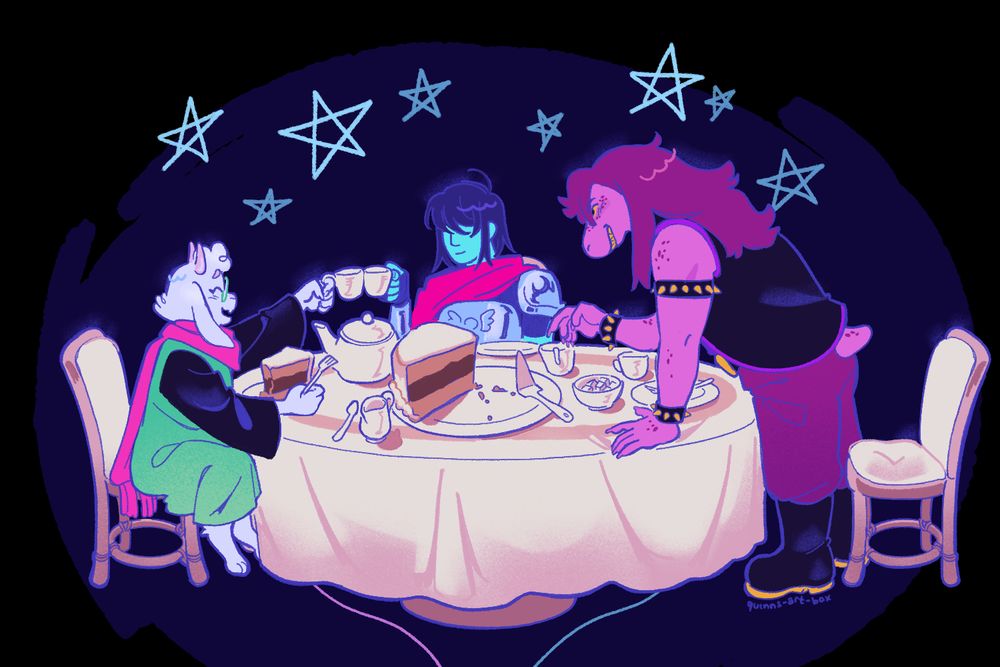 a digital drawing of ralsei, kris, and susie having a tea party in their combined rooms in ralsei's castle. ralsei has a plate with a slice of cake and is making a toast with kris, who smiles at him. ralsei has a nervous, kind of overwhelmed happy expression. susie is grinning at ralsei and leaning over the table to cut another piece of cake. there are plates, teacups, utensils, a teapot, a container of cream, and a bowl of sugarcubes on the table, and a large plate with a fourth of a chocolate cake in the middle. the background is black and there are blue stars doodled above their heads.