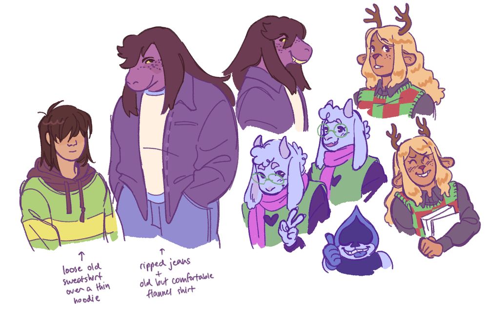 a page of digital colored sketches of characters from deltarune. from left to right: kris and susie standing next to each other, in neutral poses and smiling. notes underneath them read "loose old sweatshirt over a thin hoodie" pointing to kris, and "ripped jeans + old but comfortable flannel shirt" for susie. susie from the shoulders up, facing right and grinning. noelle looking off to the side. ralsei giving a peace sign and smiling, and another of him talking. lancer grinning and giving a thumbs-up. noelle holding books to her chest and looking a little flustered. the background is white.