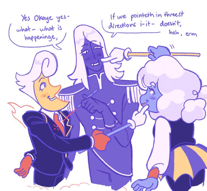a colored doodle of lanino poking elnina's face with his stick, elnina poking rouxls' face with her stick, and rouxls shining his laser pointer at lanino. the weather duo are smiling cheekily and rouxls is blushing and saying "yes okay yes what is happening- if we point in three directions it doesn't, heh, erm-"