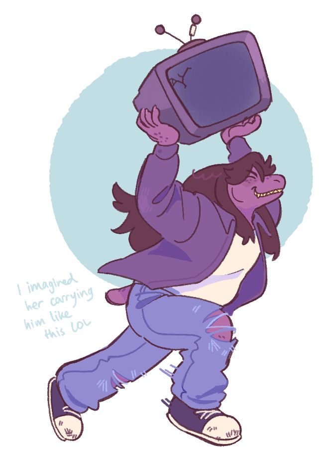 a digital drawing of susie and tenna in the light world. susie is running excitedly and carrying tenna above her head with both arms. there's a blue circle behind them and a note that says "i imagined her carrying him like this lol"