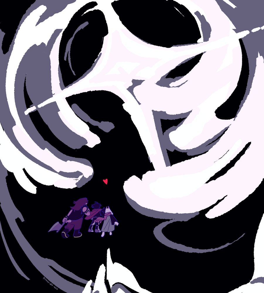 a digital drawing of susie, kris, and ralsei from deltarune facing off against the titan in chapter 4. they stand together with their backs to the viewer and the SOUL heart floats above them. they're tiny and the rest of the canvas is engulfed by the titan, drawn linelessly with a rough brush, its white winglike appendages curving around its "face" and one hand just barely framing the party at the bottom. the background is black.