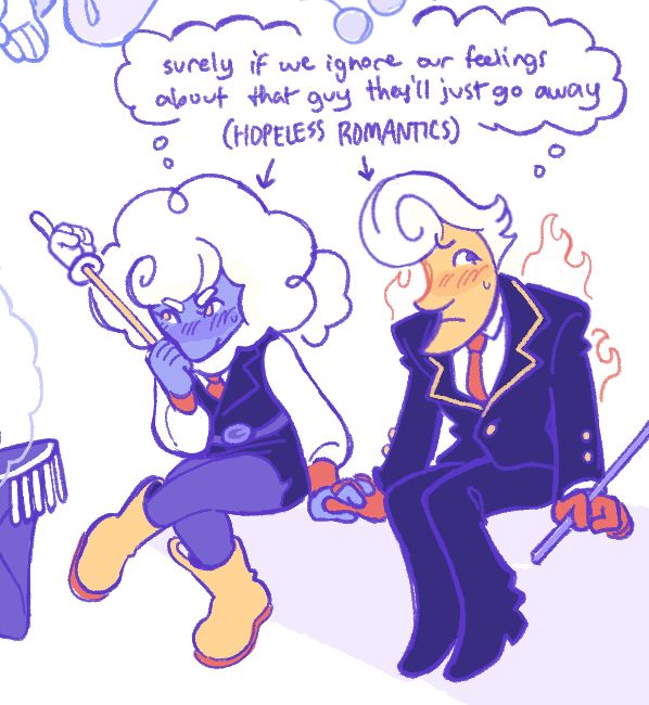 a colored doodle of elnina and lanino sitting next to each other, holding hands and blushing and looking sheepishly away from each other. they're thinking "surely if we ignore our feelings about that guy they'll just go away" with an added note (hopeless romantics) pointing to them.