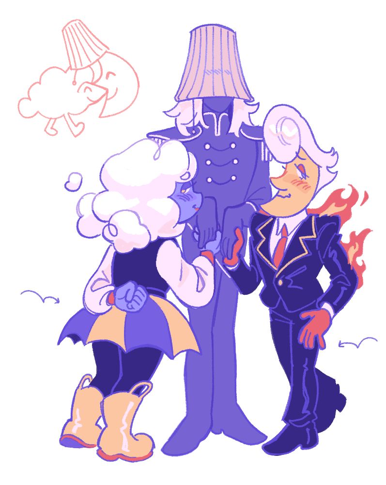 a colored drawing of elnina and lanino sheepishly walking toward rouxls, disguised as a lamp, to hold his hands. they both look embarrassed but they're smiling, and the lampshade is blushing. above is a doodle of the moon and sheep creature from their attacks smiling and touching faces with a lampshade on their heads.