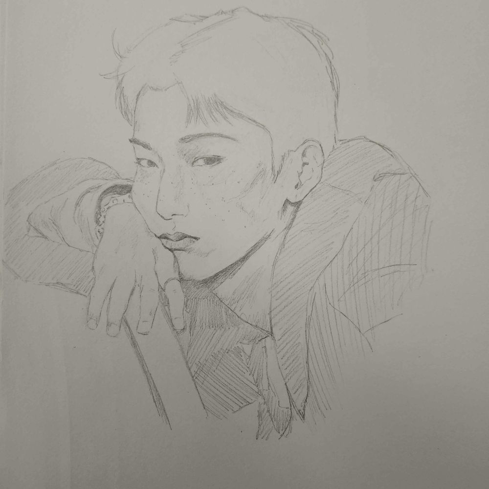 a sketch of choi san quite directly based on that one fever epilogue photoshoot where he leaned on his arm and squished his cheek