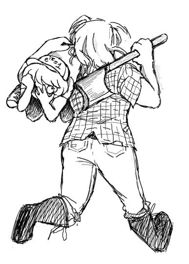 Image of 15 xfohv carrying 0 xfohv over her shoulder while she is carrying an axe
