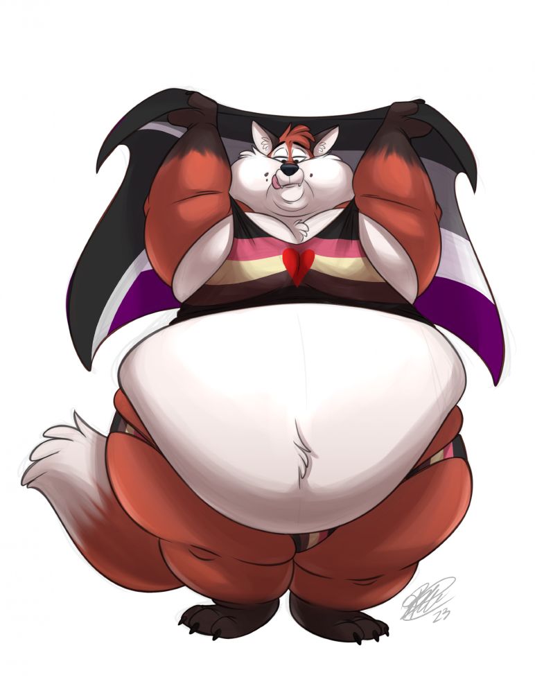 A rather chubby fox stands in way too tight gainer pride clothes while holding a demi flag above his head