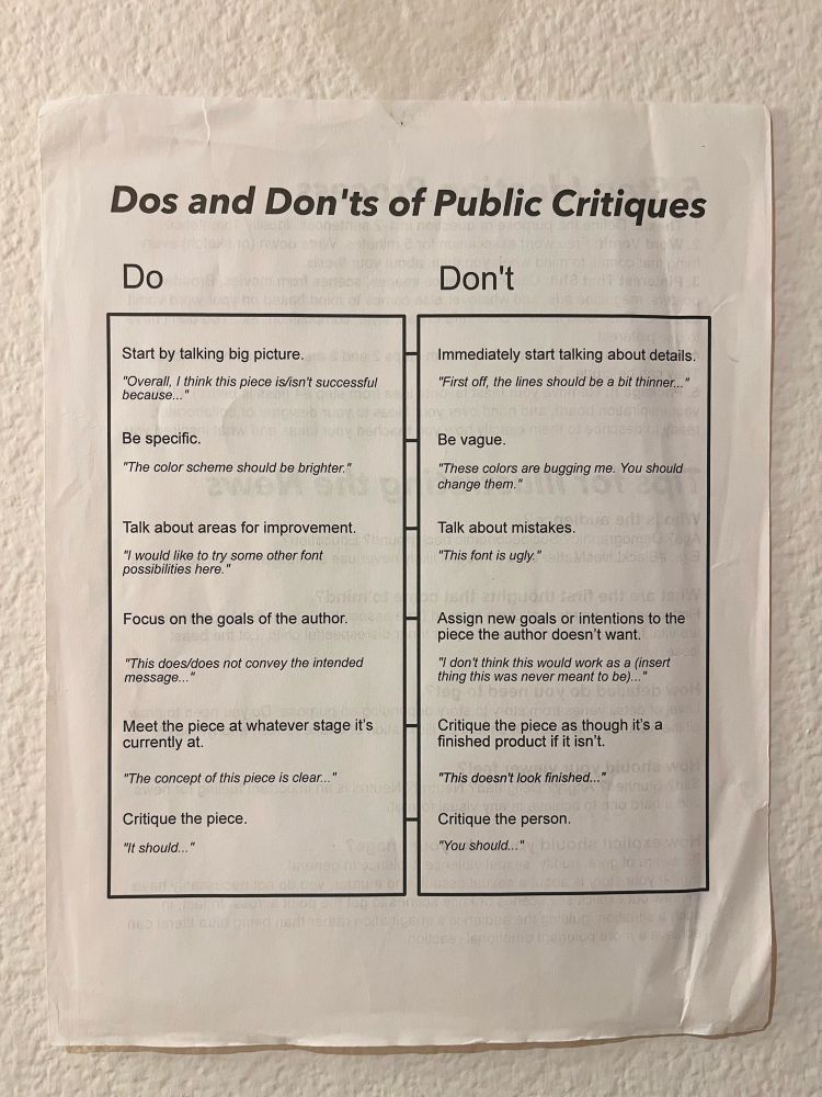 A sheet of paper showing a list of do’s and don’ts for public critiques.