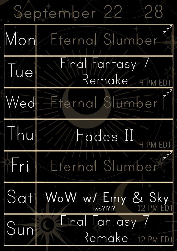 Ing's stream schedule for the week of September 15. Tuesday at 4pm EDT, Final Fantasy 7 Remake. Thursday at 4pm EDT, Hades 2.  Saturday at 12pm EDT, World of Warcraft with Emyblossom93 and Skygemspeaks.  Sunday at 12pm EDT, Final Fantasy 7 Remake.