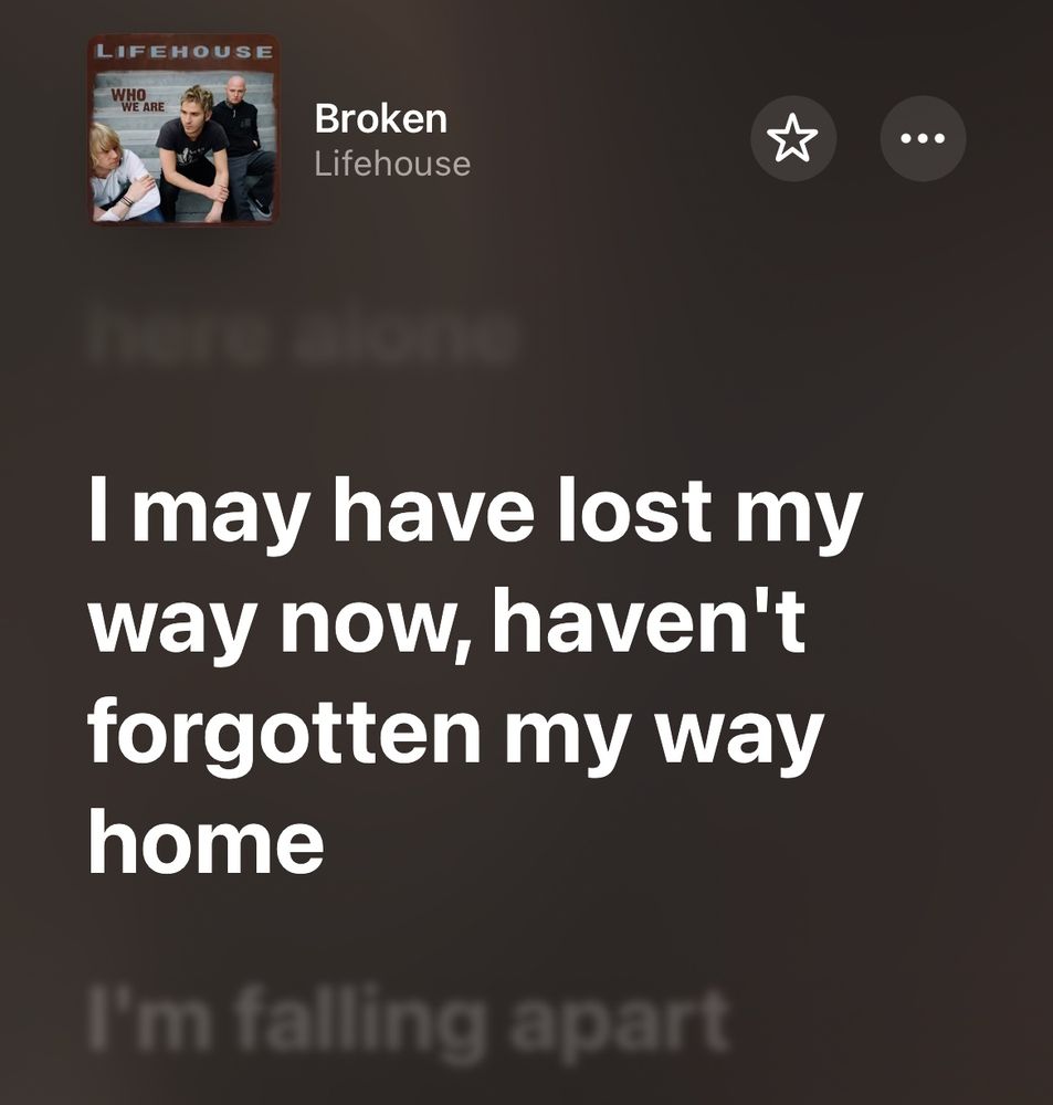 Apple Music with band: Lifehouse, Song: Broken

The lyrics “I may have lost my way now, haven’t forgotten my way home” highlighted
