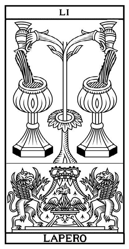 Deux coupes qui se remplissent de vin dans le style des arcanes du tarot divinatoire. Le titre est l'apéro