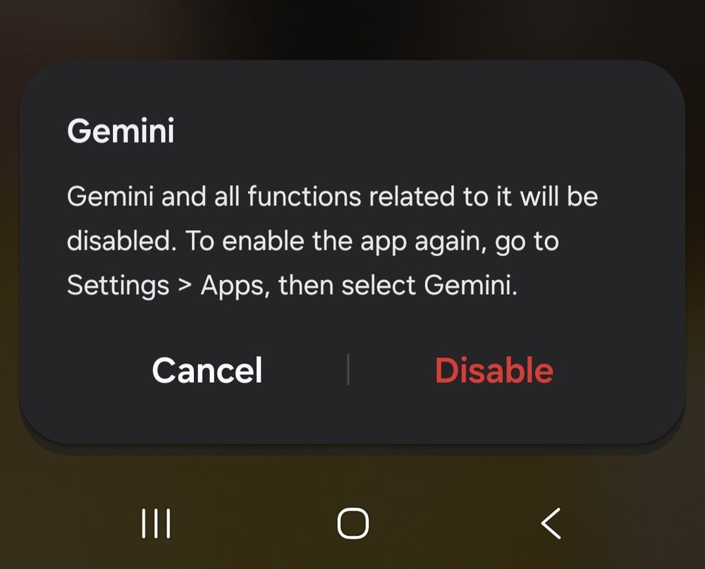 Gemini
Gemini and all functions related to it will be disabled. To enable the app again, go to Settings > Apps, then select Gemini.
Cancel
Disable 