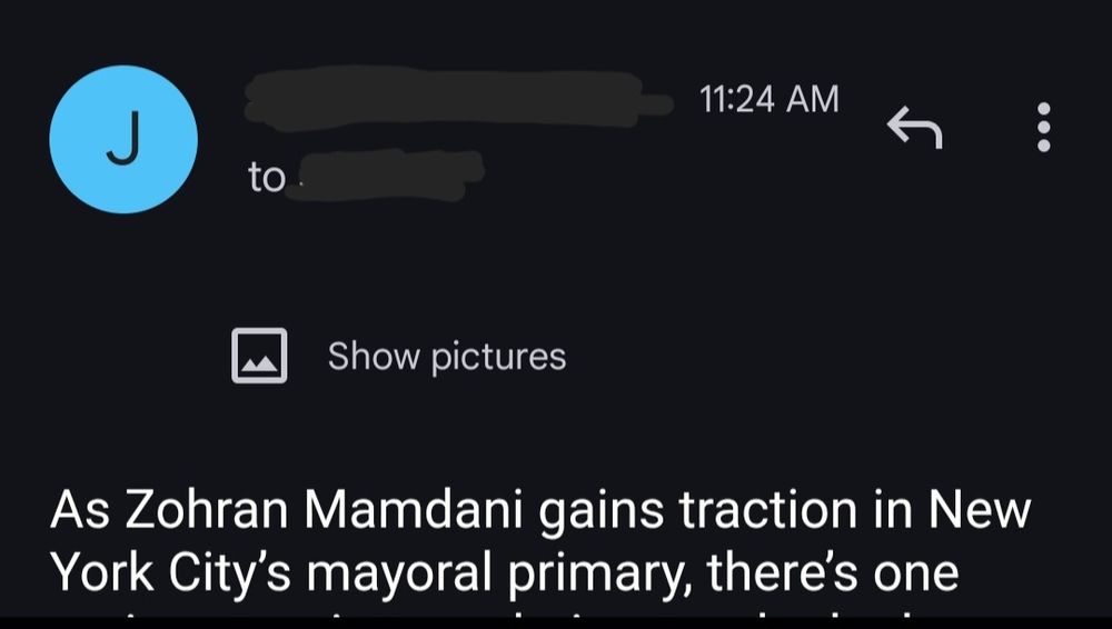 An email beginning "As Zohran Mamdani gains traction in New York City's mayoral primary..."