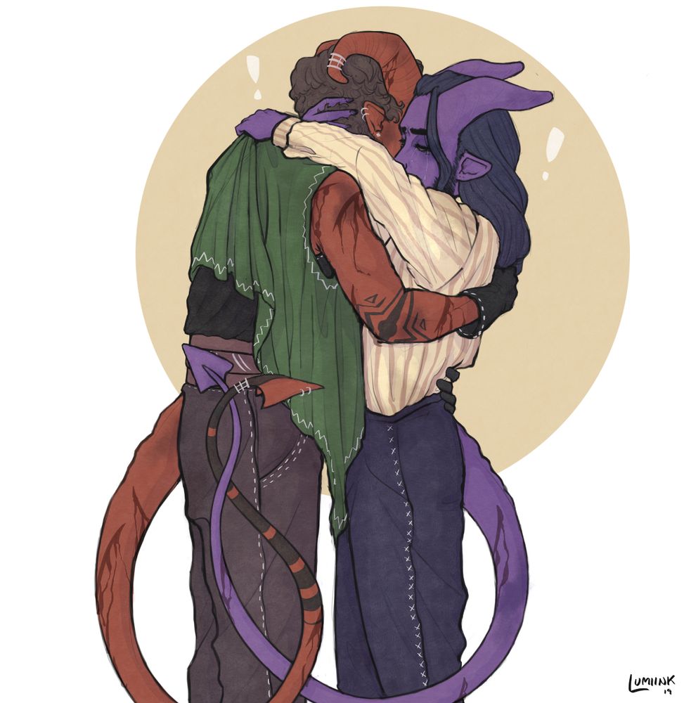 A digital illustration of 2 tieflings men hugging, the background white with a yellow circle. The one on the left has red skin, short brown hair, and black tattoos. He is wearing brown pants and a green loose vest. His arms are wrapped around the other's back. The one on the right has purple skin and long braided dark blue hair. He is wearing blue pants and a stripey yellow shirt. His arms are wrapped around the other's shoulders. Their tails are twined together.