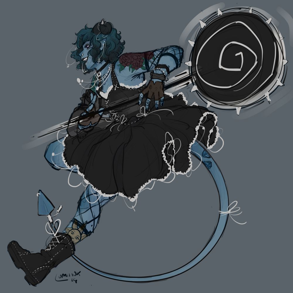 A digital illustration of Jester from Critical Role set on a flat grey background. Jester is facing left and mid jump, while holding a giant black and white lollipop with spiked edges. Her blue skin is decorated with various tattoos and wearing a black knee length dress, black boots and black gloves. There is mesh on her left arm and leg. The decoration on her clothes and various pieces of jewellery are white.
