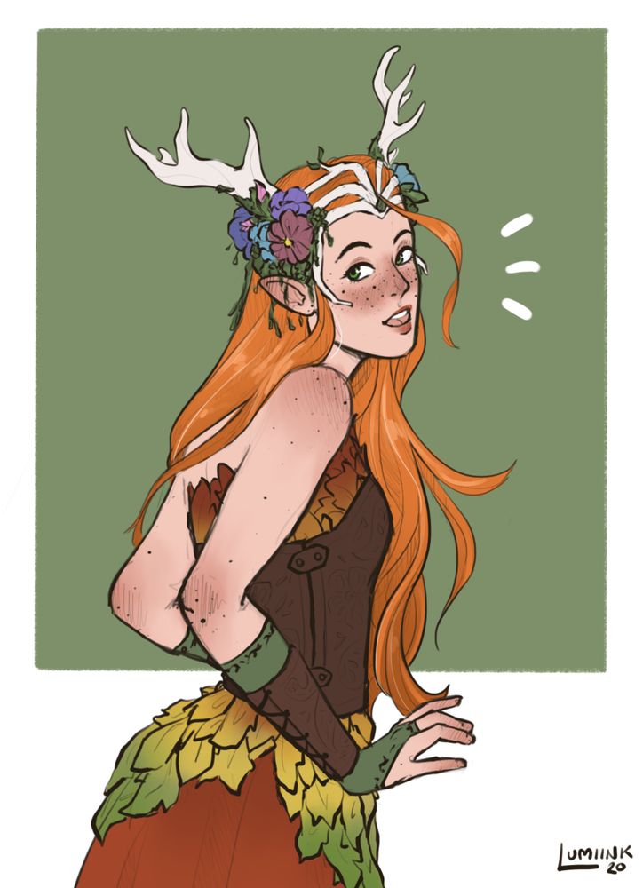 A digital sketch of Keyleth from Critical Role set on a green, square background. She is a pale skinned half elf who is half turned away from the viewer with her head looking back over her shoulder and smiling, with a blush on her cheeks. There are flowers in her antler crown and her long orange hair is unbound over her shoulder. She is wearing a leather bodice with autumnal leaved beneath, and a red skirt. She also has leather bracers over a green glove.