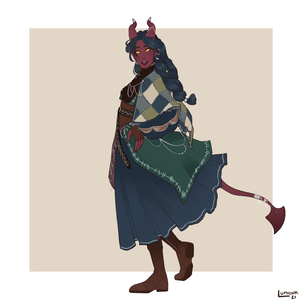 A digital illustration of a tiefling woman, she is facing left but partially turned back toward the viewer and smiling with her hand on her hip. She has red skin and solid yellow eyes, with horns that curl up and back from her forehead. Her hair is dark blue and tied back in a long braid. Her clothes are various layers of stitched fabrics in blues, greens and browns with silver decoration. The background is a pale yellow square within the white canvas.
