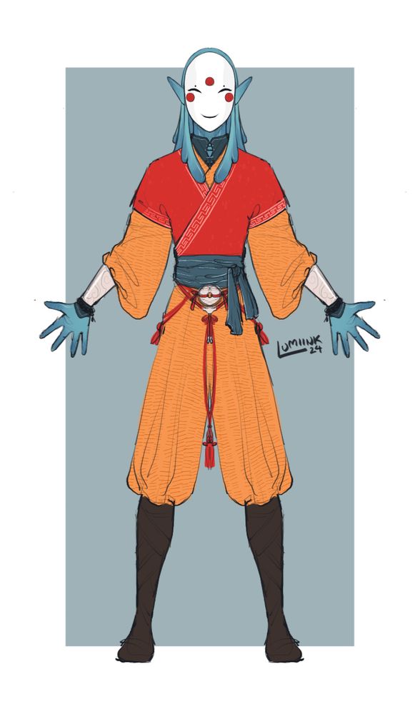 A digital illustration of a humanoid monk. They are a blue plasmoid in human shape, with globs of shoulder length hair. They are wearing a smiling mask, red and orange robes, and brown boots.