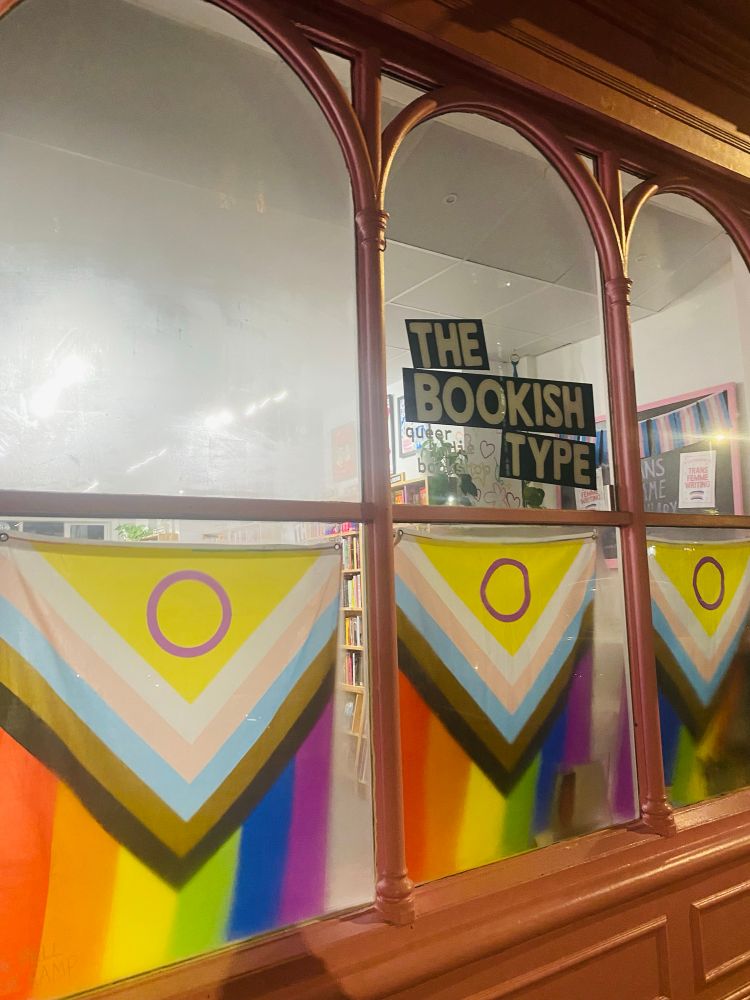 a picture of the outside of the bookshop the Bookish Type with inclusive pride flags hanging in the window. the outside of the bookshop is painted pink 