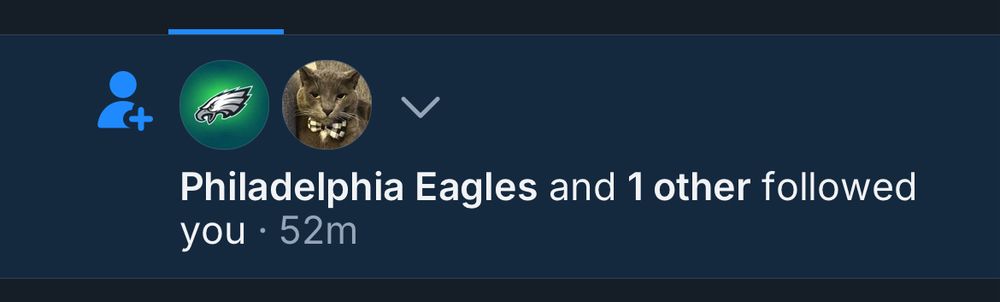 A screenshot of Jasmine’s notification tab from her Bluesky account. In white letters on a blue background it reads “Philadelphia Eagles and 1 other followed you”. The icons got the respective pages are above the words in small detail- the circular icon on the left is the eagles logo, the adjacent one is of a cat.