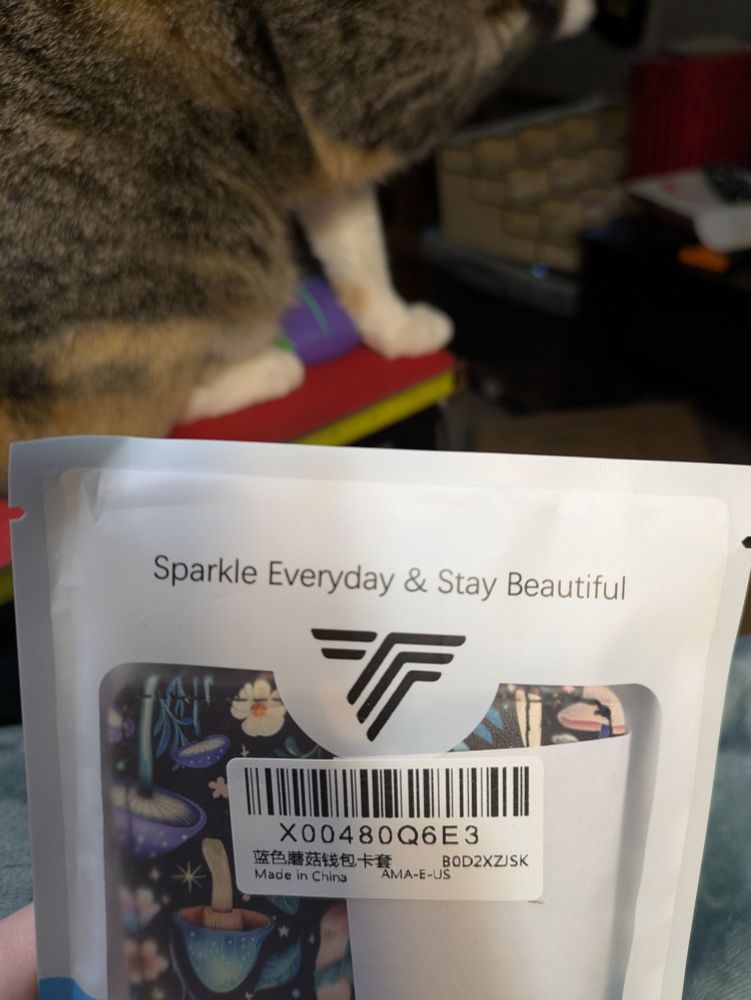 A white and transparent package holding a mushroom-print wallet. The text across the top of the package says "Sparkle Everyday & Stay Beautiful".