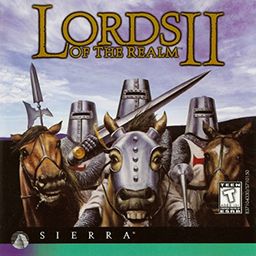 Capa do jogo Lords of the realm 2.
Três cavaleiros medievais montados a cavalo