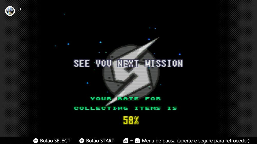 Tela de encerramento do jogo Super Metroid.
Ao fundo se vê as estrelas no espaço, numa camada a frente se vê a logo do jogo, um S estilizado e na diagonal, à frente de tudo tem os textos em inglês "Te vejo na próxima missão" e "Sua taxa de itens coletados foi de 58%"