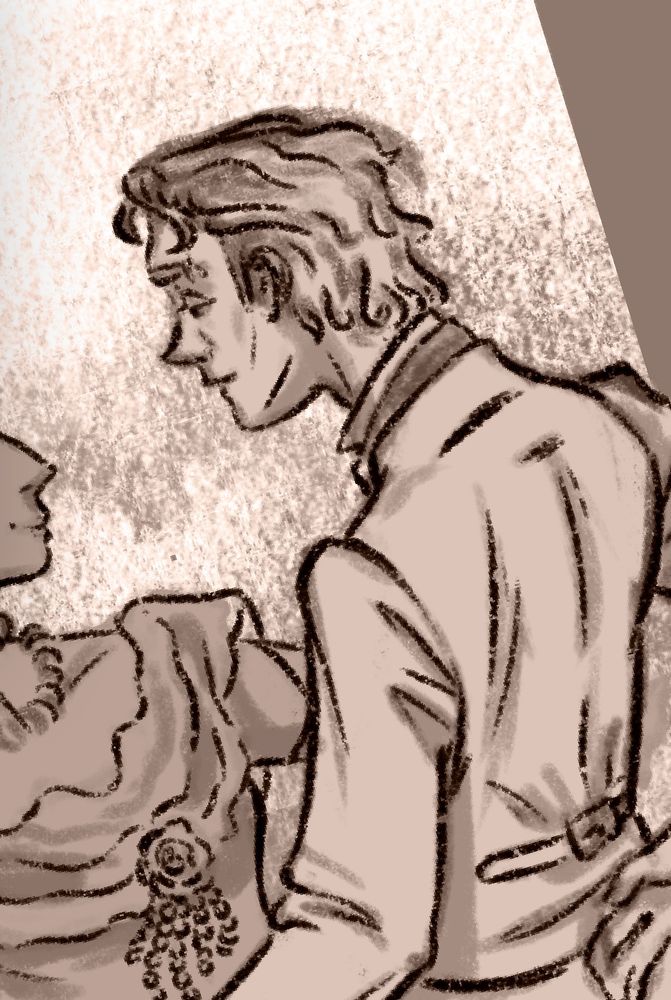 A young man seen half from behind. He is dancing with a women who’s face is obscured by the picture’s framing. They are both wearing period clothing from around 1870. He’s lovingly looking at her with a somewhat drunken expression. 