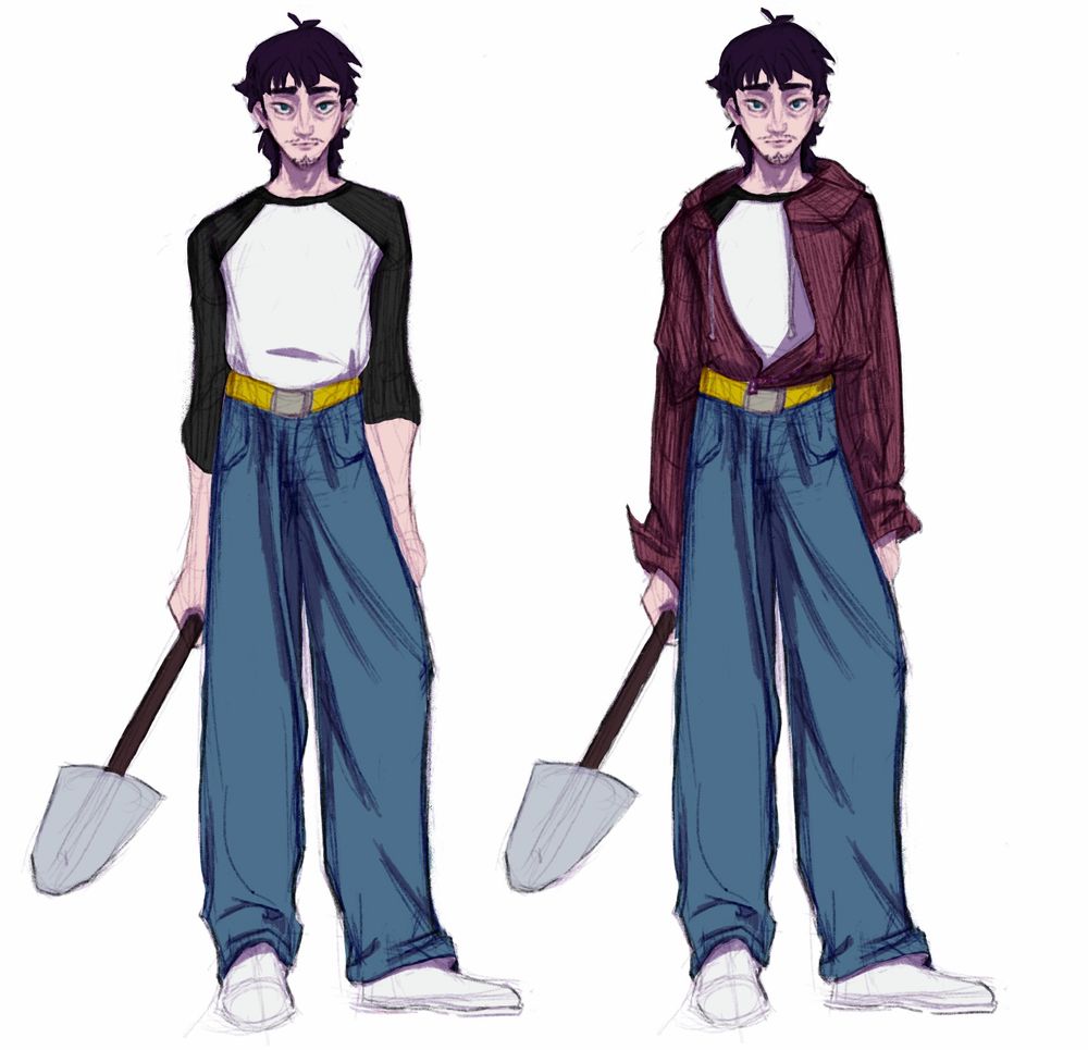Two character design drawings of Jack Townsend from Tales From The Gas Station, holding a shovel. On the left he's wearing a black and white raglan shirt, baggy blue jeans held up by a yellow belt and white sneakers. On the right he's sporting the same outfit and an additional red zip hoodie. 