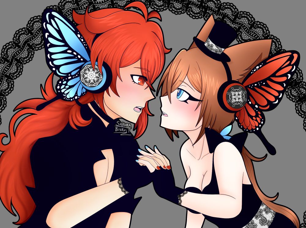 Diluc and my OC Brenda wearing butterfly headphones as they gaze into each other's eyes and hold hands, referencing the Vocaloid song Magnet