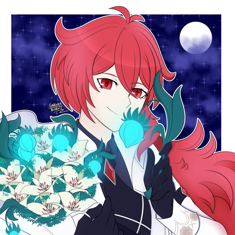 Diluc holding a bouquet of lampgrasses and cecilias under a starry sky and a full moon.