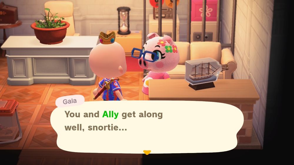 Me AC villager talking with Gala asking "you and Ally get along well"