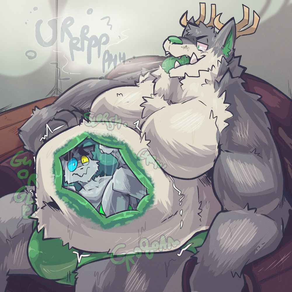a drawing of a big sweaty anthro wolfdeer wearing only a pair of green briefs. the wolfdeer is reclining in a large chair and belching, a smaller anthro cat visible inside the cramped space of his round belly (vore)