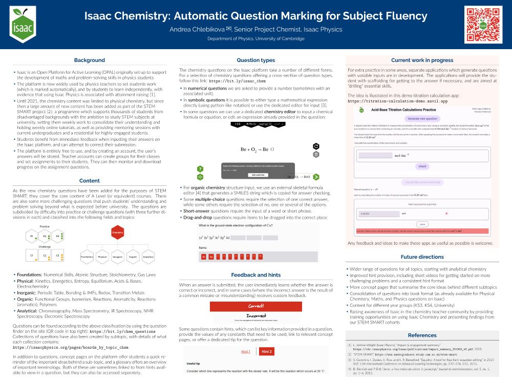 Poster on "Isaac Chemistry: Automatic Question Marking for Subject Fluency". An accessible pdf version has been posted on my account on LinkedIn, with a #RSCEdu tag.