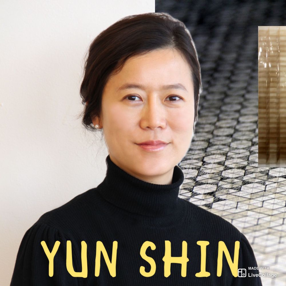Picture of a woman with black hair, wearing a black turtleneck. Words Yun Shin underneath