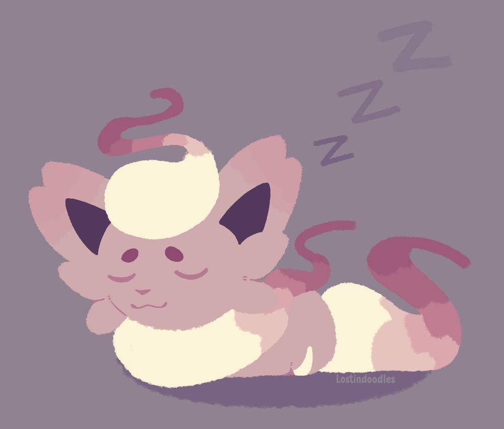 A digital drawing of a hisuian zorua from pokemon. It is laying down in a "loaf" shape with its eyes closed. To the right of it's head, there is three "Z" characters. The whole piece has a bit of a pinkish hue.