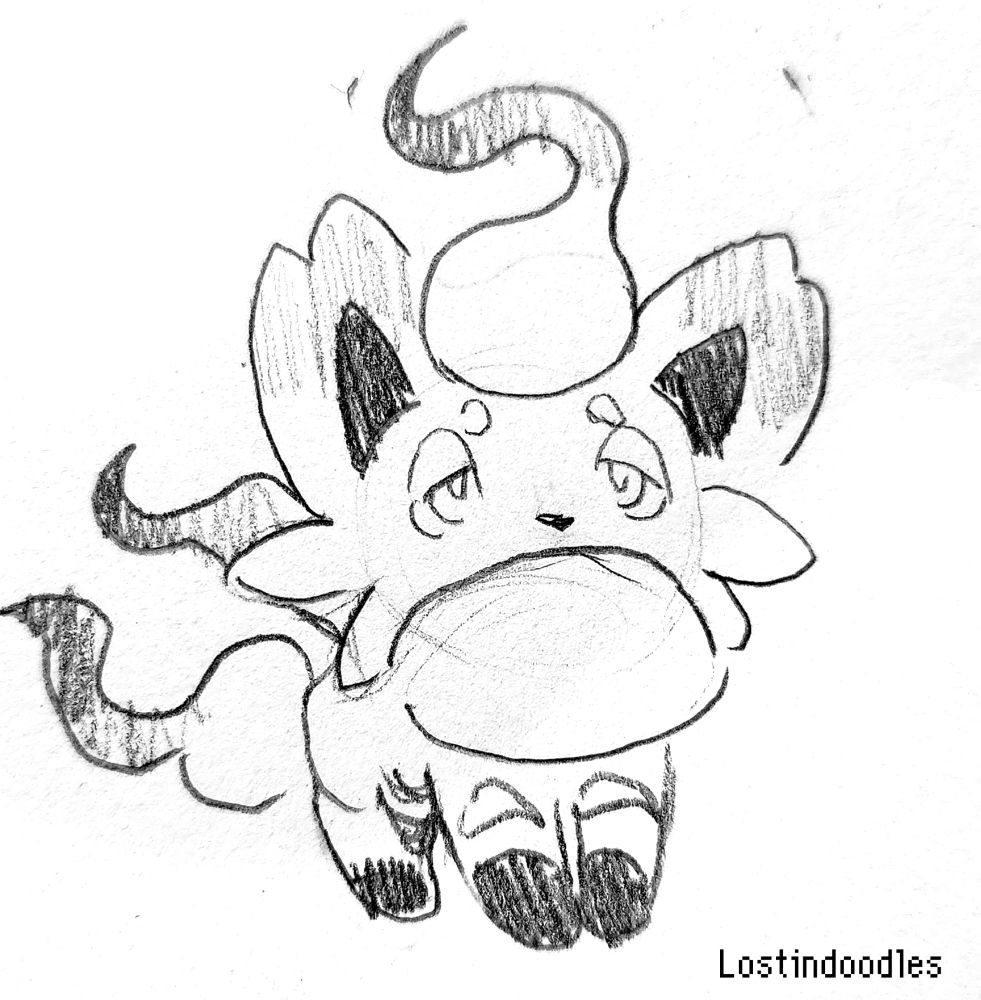 A pencil drawing of a hisuian zorua from pokemon