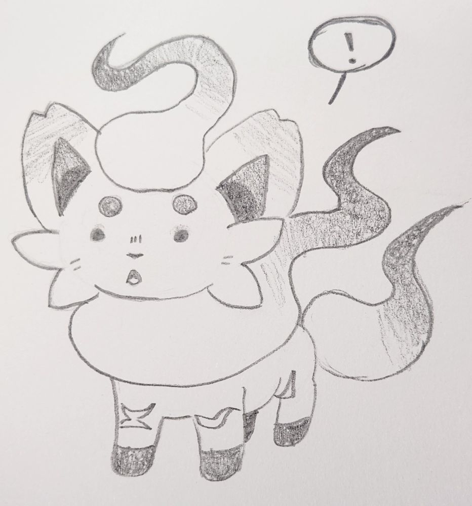 A pencil drawing of a hisuian zorua from pokemon. It has dots for eyes, and is standing looking at the POV. It's mouth is open slightly.