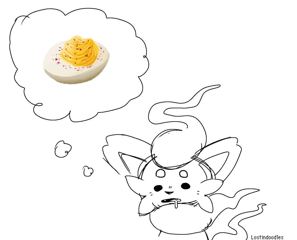 An uncolored digital sketch of a hisuian zorua from Pokemon. It has dots for eyes, and is drooling while staring off into space. It has a thought bubble that just has an image of a single deviled egg sprinkled with paprika.