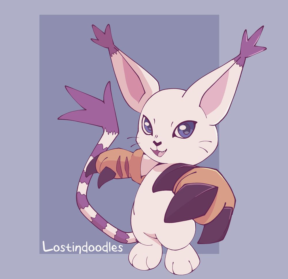 A digital drawing of Gatomon from digimon. It is standing facing the POV, with one of its claws held closer to the POV. It has an open mouthed smile.