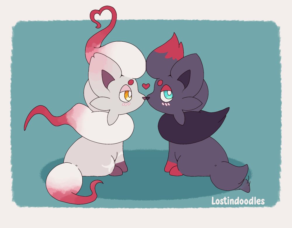 A digital drawing of a hisuian zorua (left) and a unovan zorua (right) sitting on the ground facing each other. They are sitting close enough to let their noses and head tufts to touch. The hisuian zorua is looking forward at the other. The unovan zorua looks away and avoids eye contact, while their tail wags. Both have three blush lines on their cheeks. 