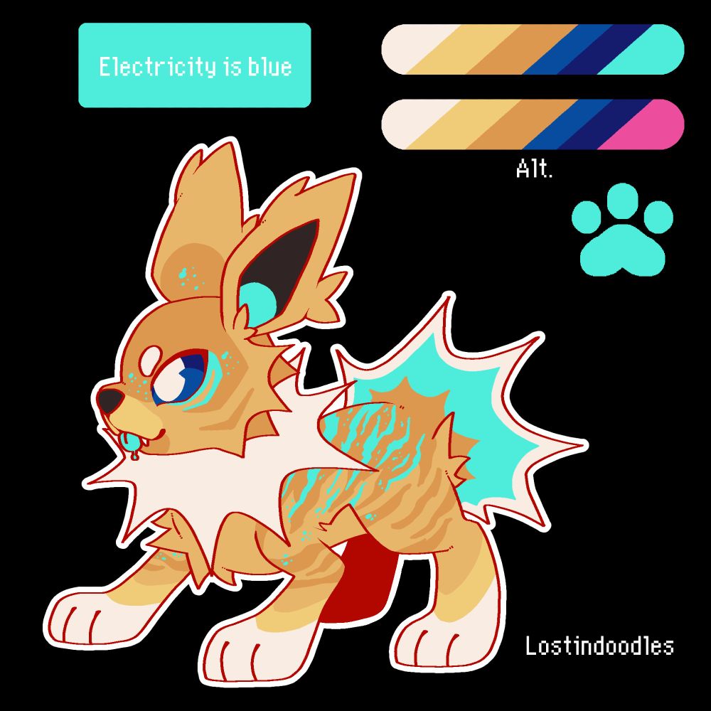 Digital artwork of a Jolteon OC from pokemon. It has white paws, and orangish stripes. It also has bright cyan stripe markings along its back and under the eyes. 